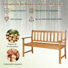 Banco de jardim de madeira de acácia de 2 lugares com encosto e braços Assento de ripas Carga 360 kg 123 x 56,5 x 86 cm Natural