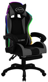 Cadeira estilo corrida luzes LED RGB couro artif. cinza/preto