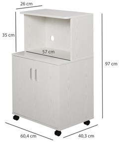 Aparador Auxiliar para Microondas Armário de Cozinha Baixo com Armário de 2 Portas e Prateleira Ajustável com Rodas Carga 70 kg 60,4x40,3x97 cm Branco