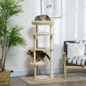Arranhador  para gatos com arranhador, postes de sisal, almofada removível, plataforma de pelúcia e madeira, altura 123,5 cm, bege