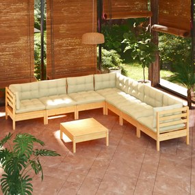 vidaXL 8 pcs conjunto lounge jardim c/ almofadões creme pinho maciço