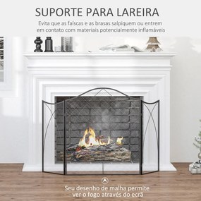 Frente para Lareira Dobrável Proteção para Lareira de 3 Painéis com Dobradiças e Estrutura de Metal Decorativa 126x2x76cm Preto