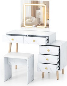 Toucador com espelho e luzes 3 luzes ajustáveis 5 gavetas e banco acolchoada Acabamento em mármore artificial branco