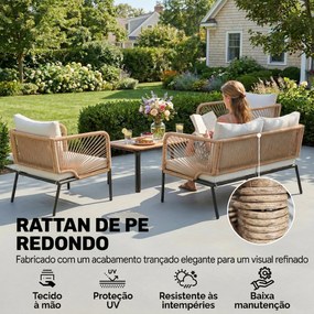 Conjunto Jardim de 4 Peças Móveis de Exterior com Sofá de 2 Lugares 2 Poltronas e Mesa de WPC Branco e Castanho