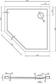 Mexen Flow base de duche pentagonal slim 90 x 90 cm, preto mate - 46P709090