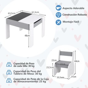 Conjunto de mesa e 2 cadeiras para crianças Mesa de atividades em madeira 4 em 1 para arte, desenho, leitura e quadro removível Cinzento e branco