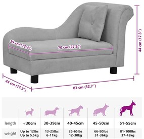 Sofá para cães com almofada 83x44x44 cm pelúcia cinzento