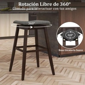 Conjunto de 2 bancos 50 x 50 x 76 cm giratórios de bar 360° com assento acolchoado, apoio para os pés e pernas em madeira de borracha