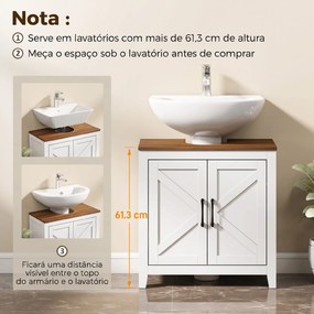 Móvel de Lavatório (NÃO INCLUIDO) Estilo Rústico 60x30x61,3 cm com Prateleira Ajustável e 2 Portas Tipo Celeiro, Branco