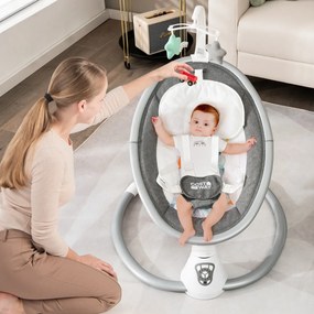 Baloiço elétrico para bebés com 5 níveis de balanço Temporizador Cinto de segurança Cinto de segurança Brinquedos Altifalante e controlo remoto Cinzen