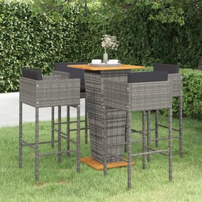 vidaXL 5 pcs conjunto de bar p/ jardim c/ almofadões vime PE cinzento