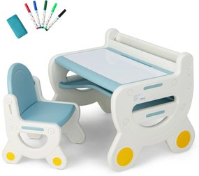 Conjunto de mesa e cadeira de desenho para crianças para actividades para crianças com canetas para aguarela Apagador quadro branco Azul