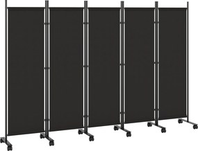 Outsunny Biombo Dobrável de 5 Painéis com 12 Rodas 252x170 cm Biombo Separador de Ambientes Preto | Aosom Portugal
