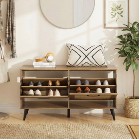 Sapateira de rattan 100 x 30 x 53 cm com 2 gavetas basculantes, superfície ampla, prateleiras ajustáveis e pés de metal para um toque natural
