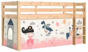 Cama alta de Criança PINO 90 x 200 cm + estrado + escada + cortina Princesa Natural