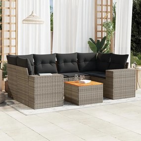 7 pcs conjunto sofás p/ jardim c/ almofadões vime PE cinzento