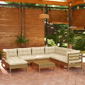 vidaXL 8pcs conj lounge jardim c/ almofadões pinho maciço castanho-mel