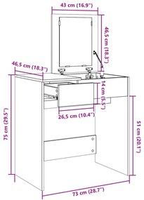 Toucador com espelho 73x46,5x120 cm cor cinzento sonoma