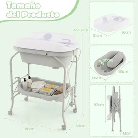 Troca-fraldas com banheira dobrável e portátil para bebés com bandeja de armazenamento e 4 rodas universais com travas, carga 35 kg, cinza