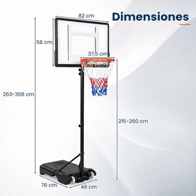 Cesto de Basquetebol Portátil, 76 x 46 x 263–308, Altura Regulável em 5 Níveis, Preto