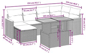 7 pcs conjunto de sofás p/ jardim com almofadões vime PE bege