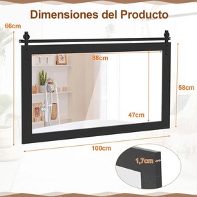 Espelho de parede estilo rústico 100 x 66 cm, retangular, com porta tipo celeiro, moldura em madeira maciça e suporte metálico, para quarto ou entrada