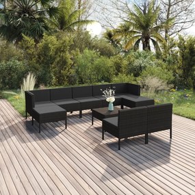 vidaXL 10 pcs conjunto lounge de jardim c/ almofadões vime PE preto