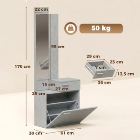 Móvel de Entrada com Espelho Sapateira Basculante Assento Gaveta e Compartimento Aberto 61x30x170 cm Cinza