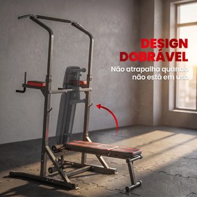 Estação de Musculação Dobrável com Barra de Elevações, Altura Ajustável e Banco Reclinável, Preto e Vermelho