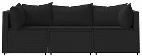 3 pcs conjunto lounge de jardim c/ almofadões vime PE preto