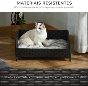 Sofá Cama para Cães de Vime Cama Elevada para Gatos Retangular com Almofada Suave e Lavável para Interior e Exterior 61x46x24,5cm Preto