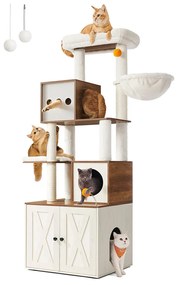 Arranhador para gatos 2 em 1 com armário para caixa de areia, 180 cm de altura, castanho mel e branco vintage