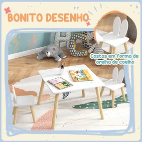 Mesa Infantil com Encosto e 2 Cadeiras com Orelhas de Coelho Mesa Infantil para Sala de Jogos de Berçário Branca