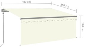 Toldo automático c/ estore/LED/sensor de vento 3x2,5m cor creme