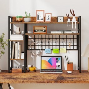 Estante para meter sobre mesa com 4 níveis e compartimento aberto na parte traseira e 6 ganchos 94 x 25 x 73,5 cm castanho