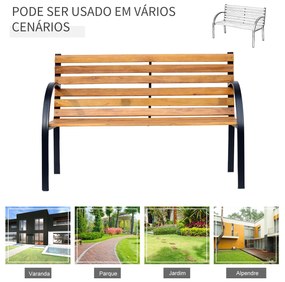 Banco de jardim 2 lugares com encosto e apoios de braços Ripas de madeira e estrutura de aço Carga 230 kg 122x60x80 cm Cor natural e preto