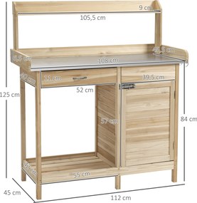 Mesa de jardinagem com 2 prateleiras, gaveta, armário, tabuleiro de chapa de aço galvanizado com rebordo, 3 ganchos em madeira de abeto
