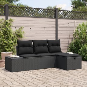 Conjunto de Sofás de Jardim de 4 Peças com Almofadas Preto Polirattan