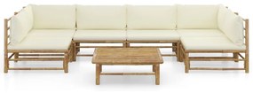 7 pcs conj. lounge p/ jardim em bambu c/ almofadões branco nata