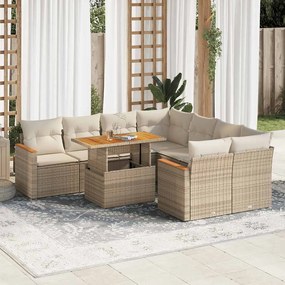 9 pcs conjunto sofás jardim com almofadões vime PE/acácia bege