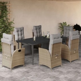 7 pcs conj. jantar jardim c/ almofadões vime PE bege misturado