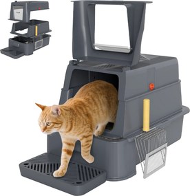 Caixa de Areia para Gatos de Aço Inoxidável XL com Tampa Articulada 180° Laterais Altas Pedal Pá 63x43x43 cm Cinzento Escuro