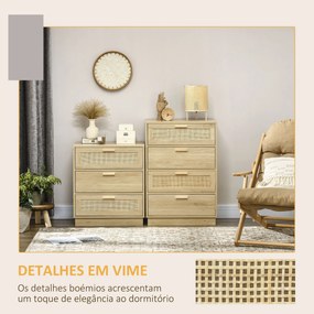 HOMCOM Cómoda com 3 Gavetas de Vime Cómoda de Madeira para Dormitório Sala de Estar Estilo Boêmio 60x38x69 cm Madeira
