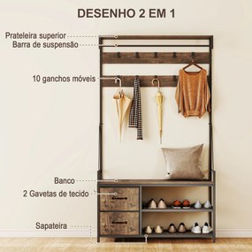 Móvel Cabide de Entrada com Banco 10 Ganchos 2 Gavetas e Barra para Pendurar Estilo Industrial 100x40x180 cm Castanho Rústico
