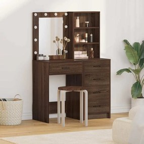 Conjunto de Mesa de Maquilhagem de 2 Peças com LED em Madeira de Carvalho Preto