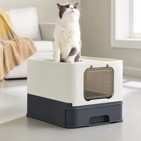 Caixa de areia para gatos com tampa e colher espaçoso Branco + cinzento