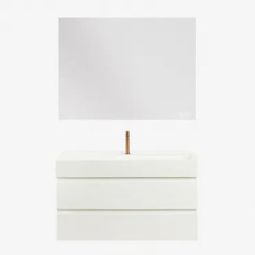 Conjunto De Móvel De Casa De Banho Em Madeira E Chapa De Freixo Com Lavatório Integrado Ona Branco & Retangular Led E Anti-embaciamento - Sklum