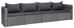 4 pcs conjunto sofás de jardim c/ almofadões vime PE cinzento