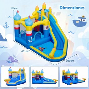 Castelo Insuflavel Escorrega aquático insuflável para crianças com piscina (SEM SOPRADOR), cascata, parede de escalada e basquetebol, Multicolorido