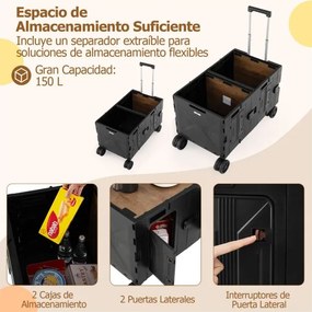 Carrinho utilitário grande com caixas de armazenamento de 2 níveis, 5 rodas, carrinho portátil dobrável para compras, campismo, Preto